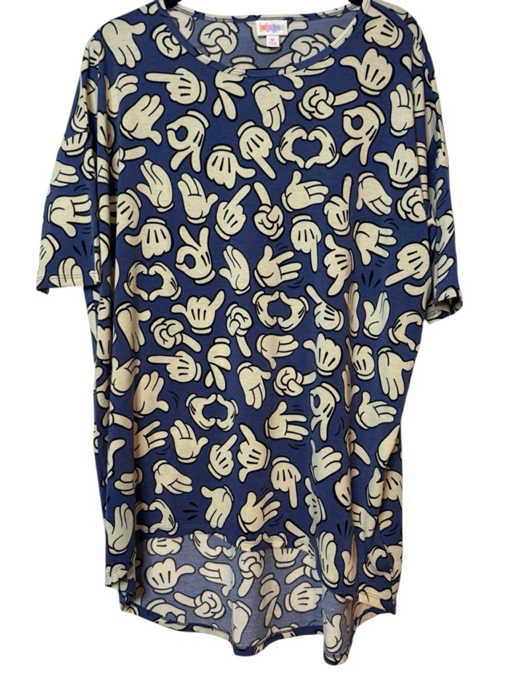 NWT Rare Disney x LuLaRoe Irma Tunic Mickey Mouse Hand Gestures Blue Sz M
